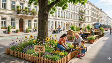 Viyana'da bir sokak etkinliğinde ağaç dibini yeşillendiren ve "Garteln ums Eck" tabelası asan mahalle sakinleri.