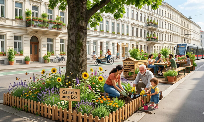 Viyana'da bir sokak etkinliğinde ağaç dibini yeşillendiren ve "Garteln ums Eck" tabelası asan mahalle sakinleri.