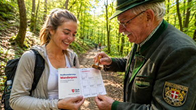 Viyana Ormanları'nda (Wienerwald) bir yürüyüşçünün 'Wanderpass' pasaportuna, kontrol noktasında resmi görevli tarafından damga basılırken çekilmiş yakın çekim fotoğrafı.