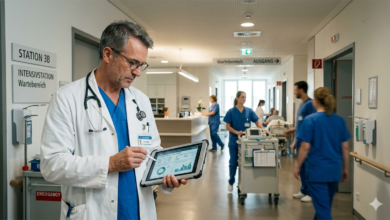 Viyana'daki bir hastanenin yoğun bakım servisinde dijital tablet üzerinden enfeksiyon verilerini inceleyen bir doktor ve arka planda çalışan sağlık personeli.