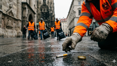 Viyana MA 48 ekipleri ve gönüllülerin katıldığı bahar temizliği kampanyası ve 70 Euro sokak kirletme cezası duyurusu.