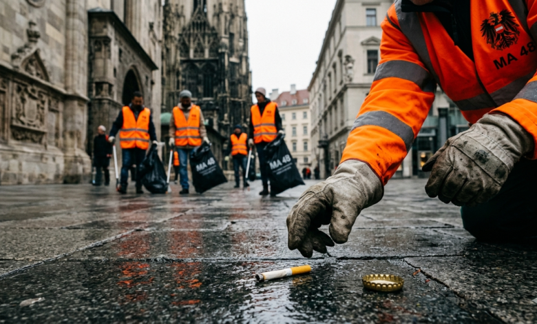 Viyana MA 48 ekipleri ve gönüllülerin katıldığı bahar temizliği kampanyası ve 70 Euro sokak kirletme cezası duyurusu.