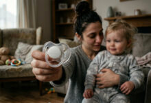 Bir anne, kucağındaki küçük çocuğuyla birlikte elindeki şeffaf emziği dikkatle inceliyor. Arka planda ev ortamı ve yumuşak bir ışık görülüyor.