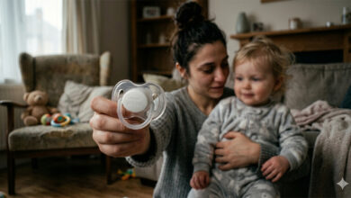 Bir anne, kucağındaki küçük çocuğuyla birlikte elindeki şeffaf emziği dikkatle inceliyor. Arka planda ev ortamı ve yumuşak bir ışık görülüyor.