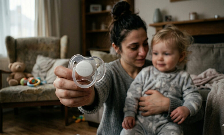 Bir anne, kucağındaki küçük çocuğuyla birlikte elindeki şeffaf emziği dikkatle inceliyor. Arka planda ev ortamı ve yumuşak bir ışık görülüyor.