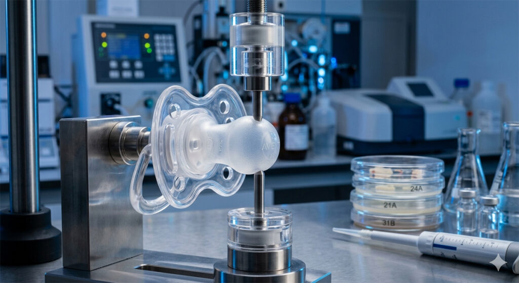 Modern bir laboratuvarda, inceleme altındaki mavi ve şeffaf bir bebek emziği. Arka planda test tüpleri ve bulanık bilimsel ekipmanlar görünüyor.