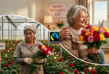 Viyana'da hediye edilen Fairtrade güller ile Ekvador'daki gül serasında çalışan bir kadın işçinin karşılaştırmalı görünümü.
