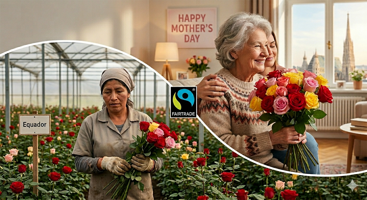 Viyana'da hediye edilen Fairtrade güller ile Ekvador'daki gül serasında çalışan bir kadın işçinin karşılaştırmalı görünümü.