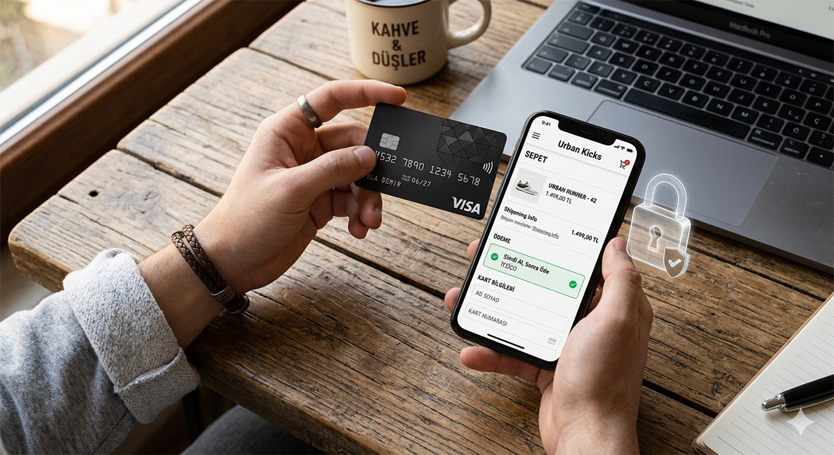 Bir elinde kredi kartı diğer elinde akıllı telefon ile online alışveriş yapan bir kişi ve ekrandaki güvenlik kilidi sembolü.