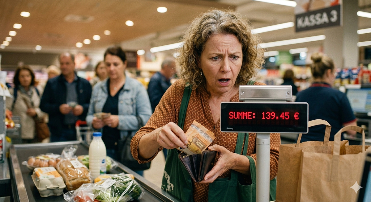 Avusturya'da süpermarket kasasında fahiş fiyat şoku yaşayan ve cüzdanından Euro çıkaran kadın tüketici