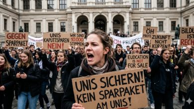 Viyana üniversite ana binası önünde bütçe kesintilerine karşı slogan atan öğrenciler ve ellerinde "Unis sichern" dövizleri taşıyan protestocu grup.