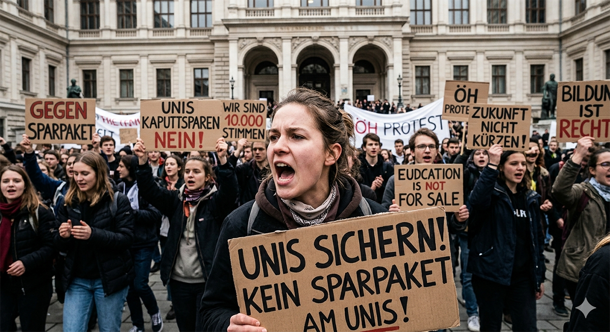 Viyana üniversite ana binası önünde bütçe kesintilerine karşı slogan atan öğrenciler ve ellerinde "Unis sichern" dövizleri taşıyan protestocu grup.