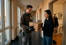 Avusturya'da bir apartman dairesi kapısında kurye vatandaşa paket teslim ederken yeni paket vergisi haberi görseli.