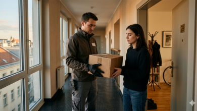 Avusturya'da bir apartman dairesi kapısında kurye vatandaşa paket teslim ederken yeni paket vergisi haberi görseli.