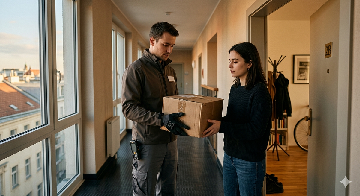 Avusturya'da bir apartman dairesi kapısında kurye vatandaşa paket teslim ederken yeni paket vergisi haberi görseli.
