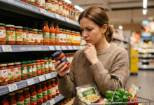 Market reyonunda elinde pesto sosu kavanozuyla düşünen kadın ve arkada dizili makarna sosu rafları.
