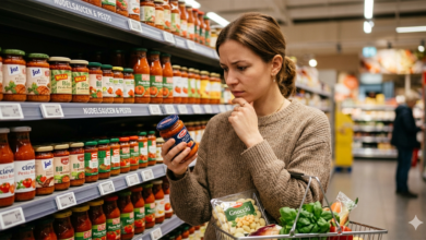 Market reyonunda elinde pesto sosu kavanozuyla düşünen kadın ve arkada dizili makarna sosu rafları.