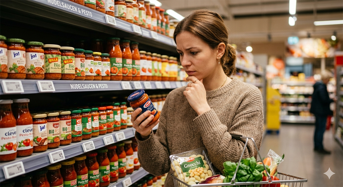 Market reyonunda elinde pesto sosu kavanozuyla düşünen kadın ve arkada dizili makarna sosu rafları.