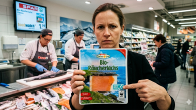 Viyana'da bir SPAR marketinde elinde WWF logolu biyolojik somon paketini kameraya gösteren ve parmağıyla logoyu işaret eden ciddi bir kadın.