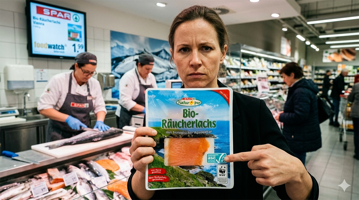 Viyana'da bir SPAR marketinde elinde WWF logolu biyolojik somon paketini kameraya gösteren ve parmağıyla logoyu işaret eden ciddi bir kadın.