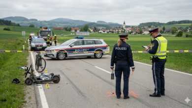Avusturya'da bir yol kenarında polis ekipleri trafik kazası sonrası inceleme yapıyor, yerdeki hasarlı e-scooter ve Avusturya polis aracı görülüyor.