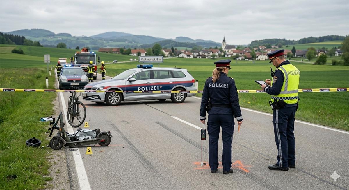 Avusturya'da bir yol kenarında polis ekipleri trafik kazası sonrası inceleme yapıyor, yerdeki hasarlı e-scooter ve Avusturya polis aracı görülüyor.