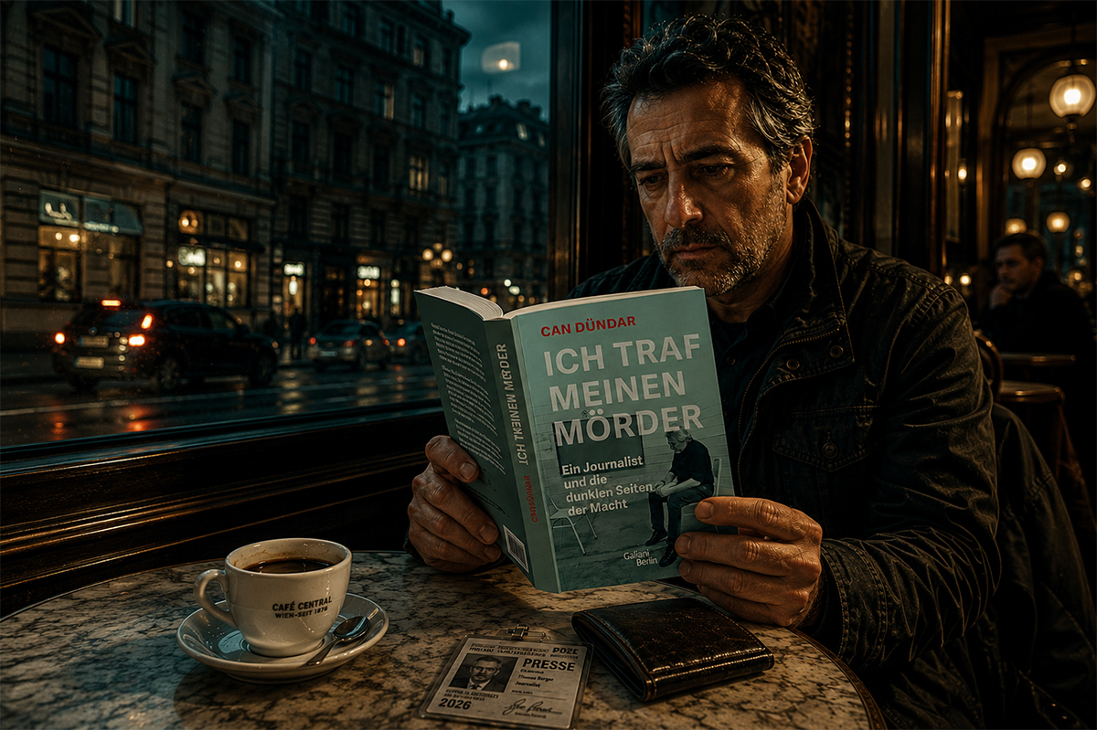 Viyana'da yağmurlu bir günde geleneksel bir kafede oturan bir gazetecinin elinde, Can Dündar'ın 'Ich traf meinen Mörder' (Katilimle Buluştum) kitabının MİT TIR’ları maskeli kapağı görünüyor. Masada basın kartı, cüzdan ve kahve fincanı yer alıyor.