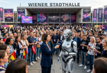 Viyana Stadthalle önünde kadın gazetecinin insansı yapay zeka robotuyla Eurovision 2026 röportajı yaptığı anı izleyen meraklı kalabalık.