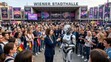 Viyana Stadthalle önünde kadın gazetecinin insansı yapay zeka robotuyla Eurovision 2026 röportajı yaptığı anı izleyen meraklı kalabalık.
