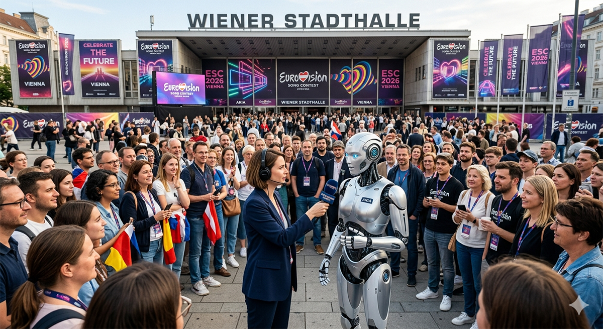 Viyana Stadthalle önünde kadın gazetecinin insansı yapay zeka robotuyla Eurovision 2026 röportajı yaptığı anı izleyen meraklı kalabalık.