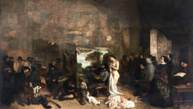 Gustave Courbet'nin ünlü Sanatçının Atölyesi tablosu Leopold Museum Viyana sergisinde ziyaretçiler tarafından incelenirken.