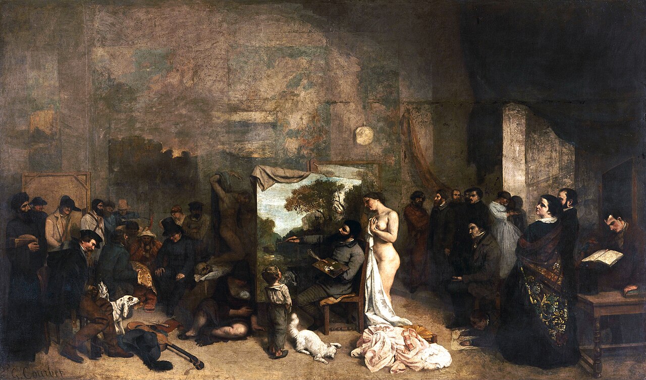 Gustave Courbet'nin ünlü Sanatçının Atölyesi tablosu Leopold Museum Viyana sergisinde ziyaretçiler tarafından incelenirken.