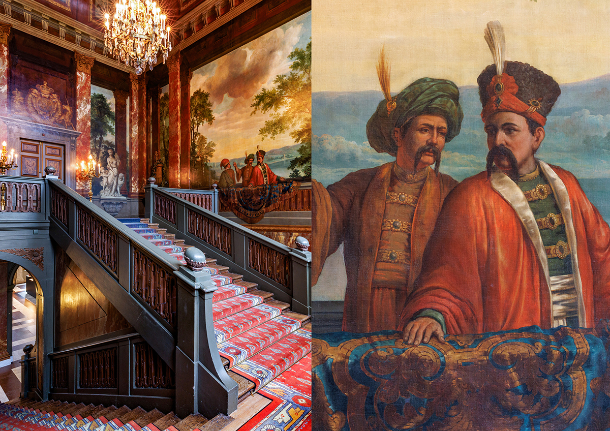 Hollanda Paleis Het Loo sarayındaki Büyük Merdiven ve duvardaki Osmanlı figürlerinin birleşimi olan kolaj görseli.