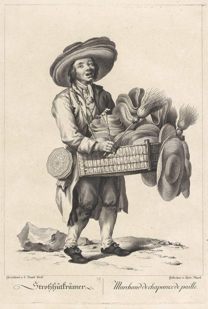 Johann Christian Brand tarafından çizilen tarihi Hasır Şapkacı seyyar satıcı bakır baskısı.