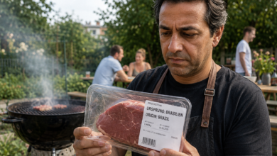 Viyana'da mangal başında elindeki market etinin Brezilya menşeili olduğunu inceleyen adam