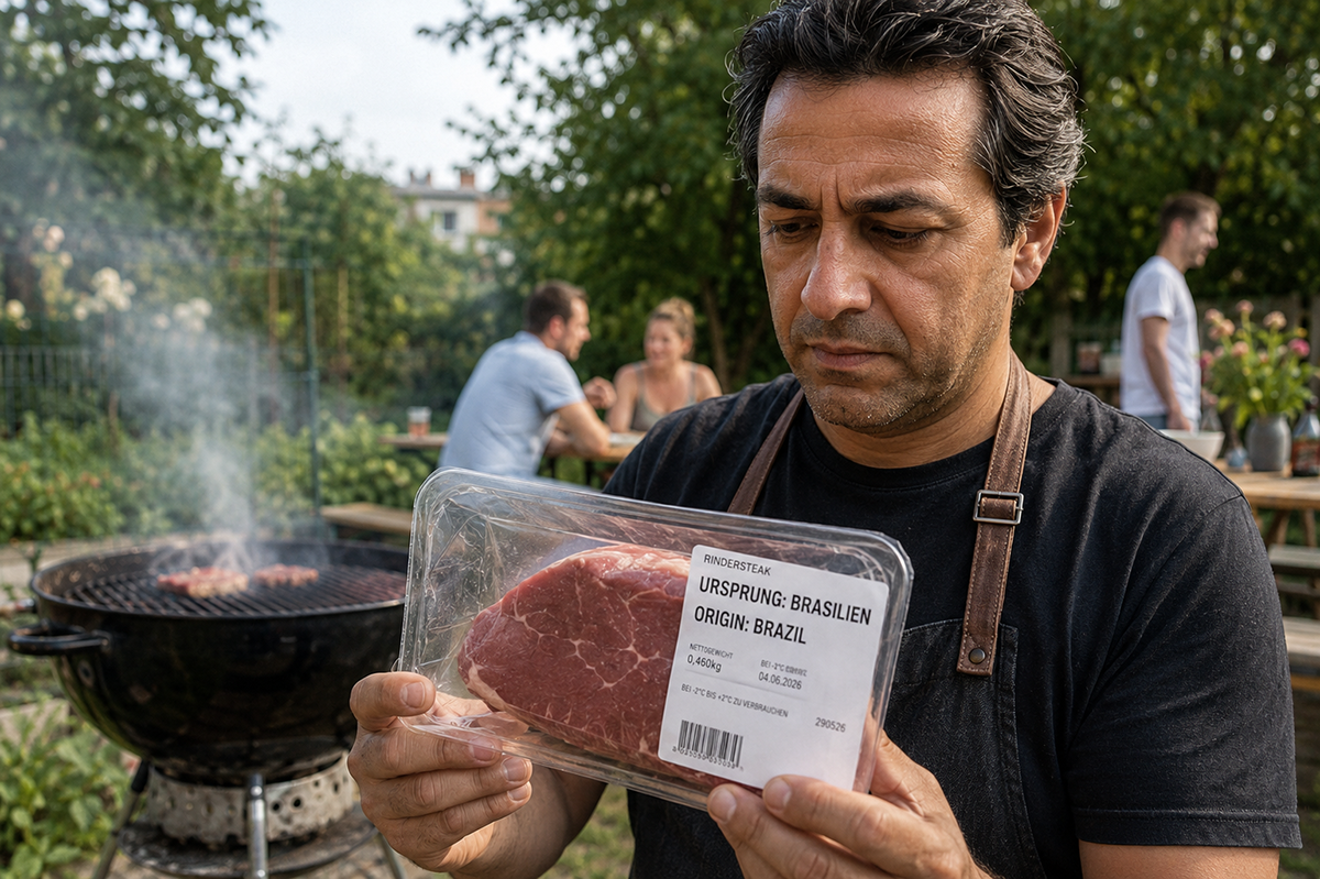 Viyana'da mangal başında elindeki market etinin Brezilya menşeili olduğunu inceleyen adam