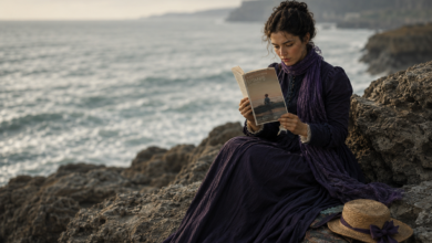 Deniz kenarında kayalıkların üzerinde oturan ve Kate Chopin'in Uyanış kitabını okuyan Viktorya dönemi kıyafetli bir kadın.