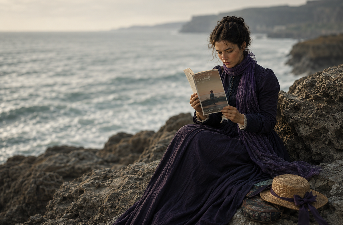 Deniz kenarında kayalıkların üzerinde oturan ve Kate Chopin'in Uyanış kitabını okuyan Viktorya dönemi kıyafetli bir kadın.
