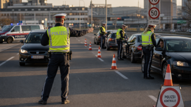 Avusturya'da bir polis memuru, geniş bir yolda trafik denetimi sırasında araçları durduruyor ve güvenlik kontrolü yapıyor.