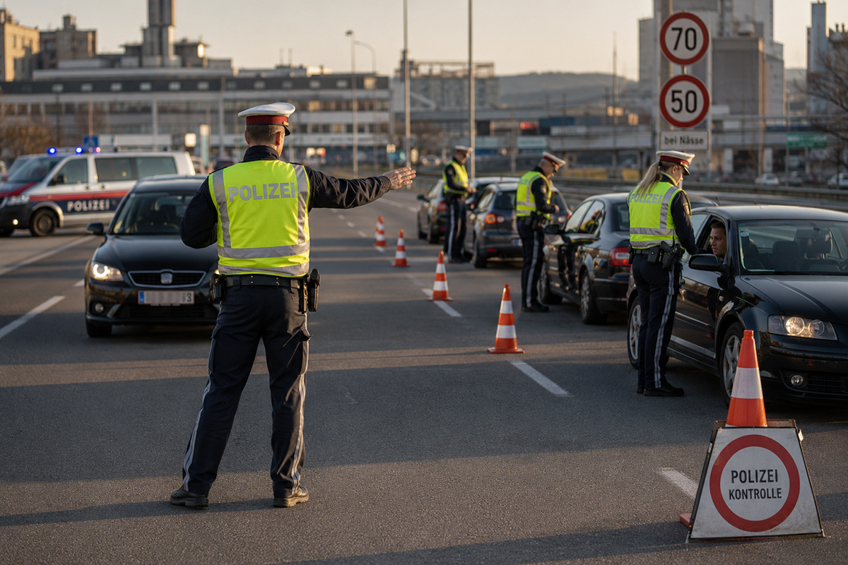 Avusturya'da bir polis memuru, geniş bir yolda trafik denetimi sırasında araçları durduruyor ve güvenlik kontrolü yapıyor.