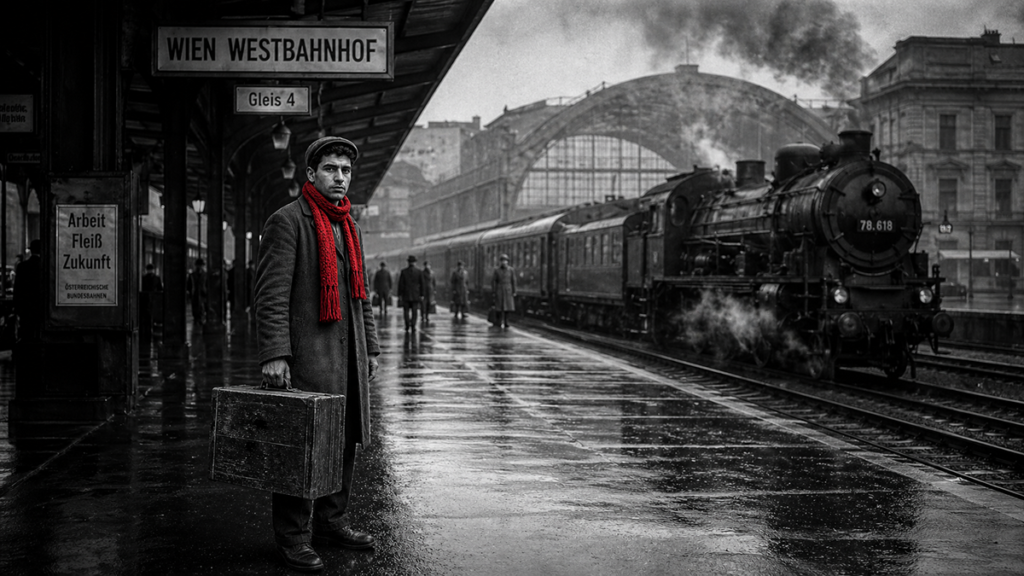 Viyana Westbahnhof tren garında elinde tahta valiziyle bekleyen genç Türk işçisi.