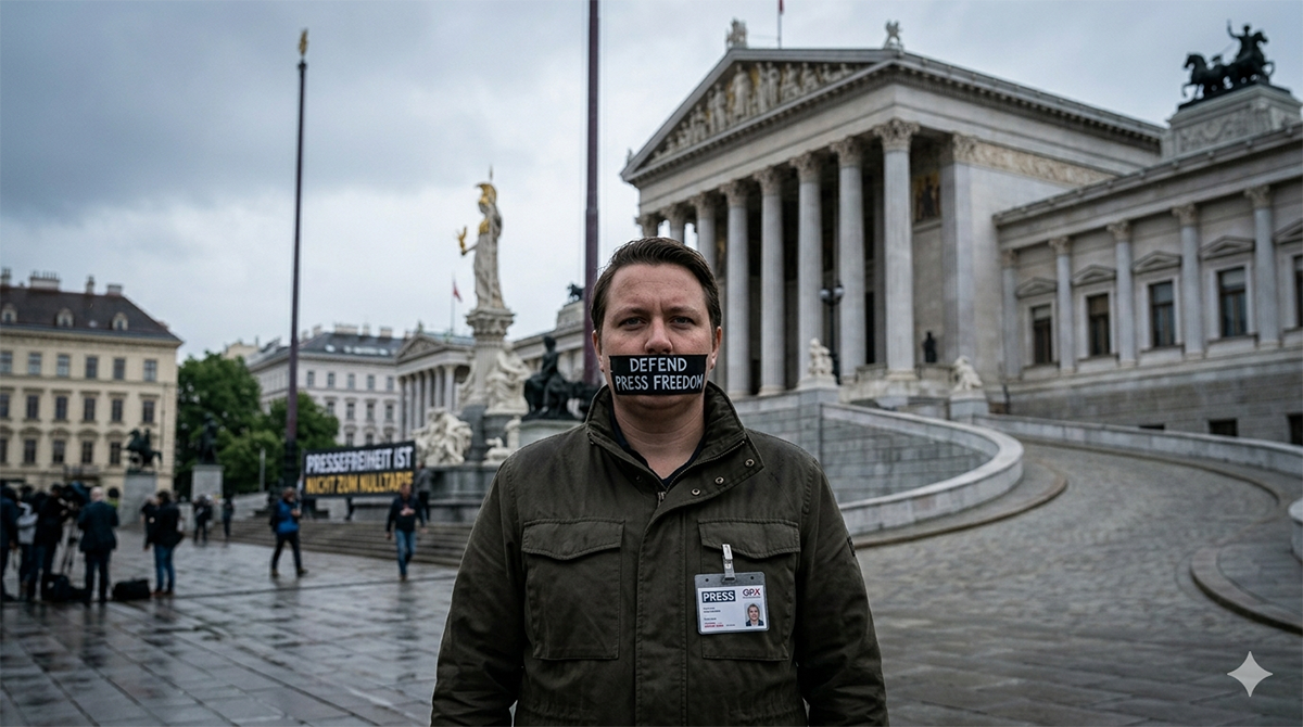 Viyana Parlamento binası önünde ağzı siyah bantla kapatılmış ve üzerinde "Defend Press Freedom" yazan bir gazeteci, yakasında basın kartıyla protesto yapıyor.