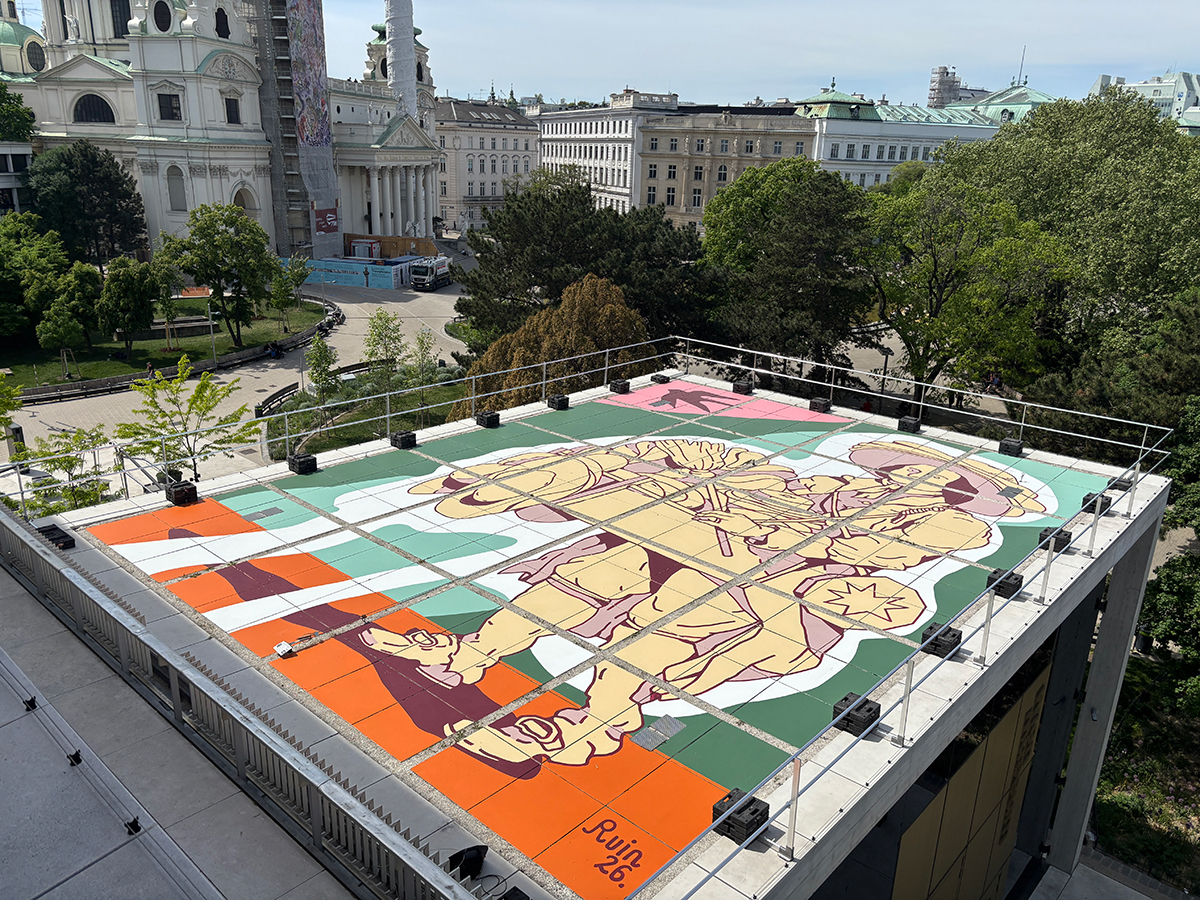 Wien Museum giriş binasının çatısına yapılan devasa modern seyyar satıcı illüstrasyonu.