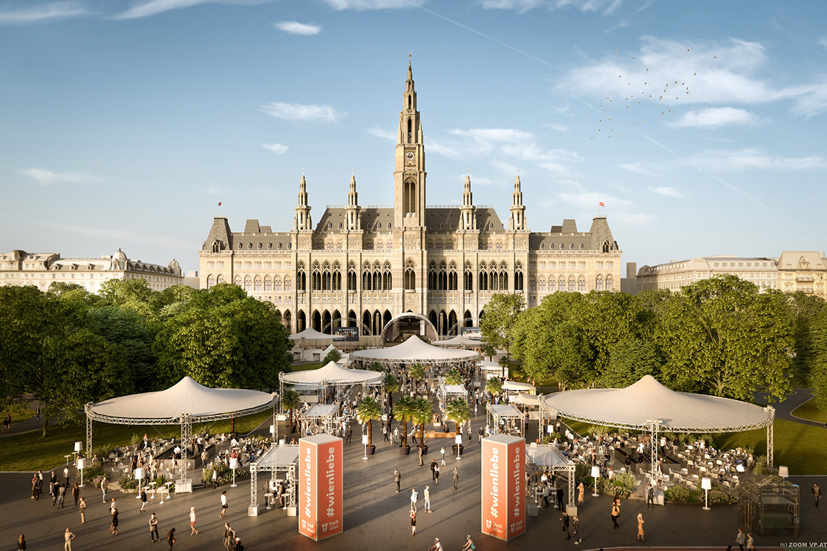 Viyana Rathausplatz meydanında düzenlenen Wienliebe Festivali stantları ve genel görünümü