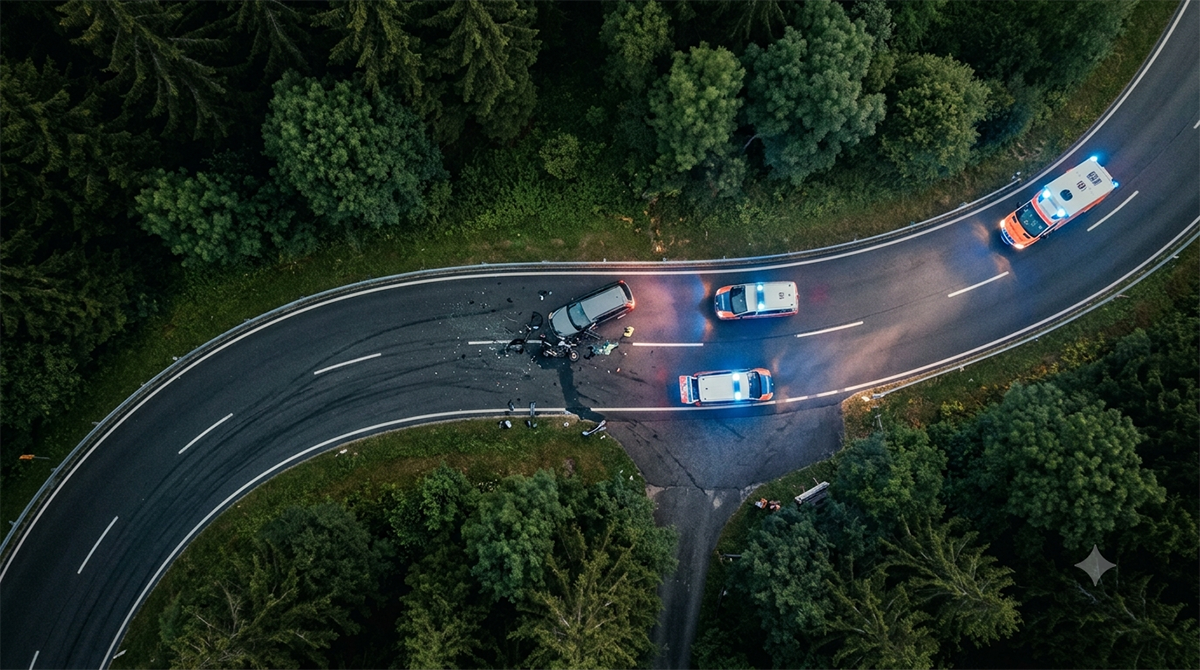 Avusturya'da virajlı bir orman yolunda meydana gelen trafik kazası yerinin drone ile havadan çekilmiş kuş bakışı temsili fotoğrafı.