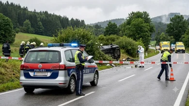 Avusturya'da bir eyalet yolunda meydana gelen ölümlü trafik kazası sonrası olay yeri incelemesi yapan Federal Polis ekipleri ve polis aracı temsili