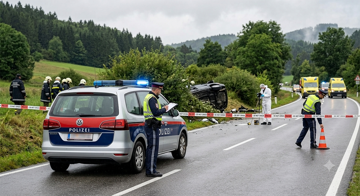 Avusturya'da bir eyalet yolunda meydana gelen ölümlü trafik kazası sonrası olay yeri incelemesi yapan Federal Polis ekipleri ve polis aracı temsili
