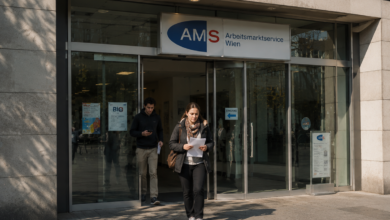 Avusturya'da Mayıs ayı işsizlik rakamlarının açıklanmasının ardından Viyana'daki bir İşgücü Piyasası Servisi (AMS Wien) binasından çıkan vatandaşlar.