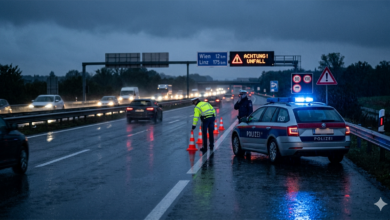 Avusturya otoyolunda trafik kazası sonrası olay yerinde önlem alan polis ekipleri.