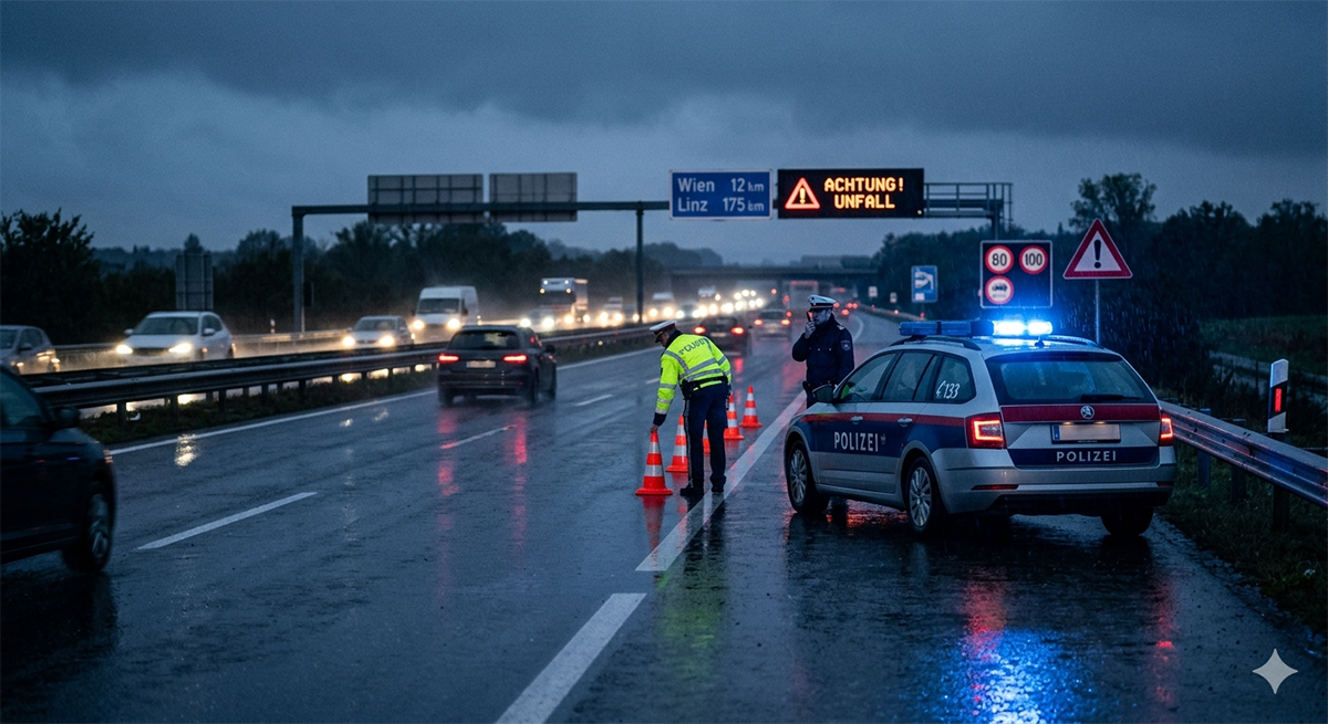 Avusturya otoyolunda trafik kazası sonrası olay yerinde önlem alan polis ekipleri.